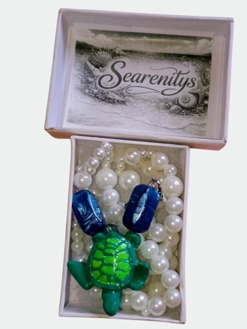 Layered Faux Pearl Necklace with Green Sea Turtle Pendant